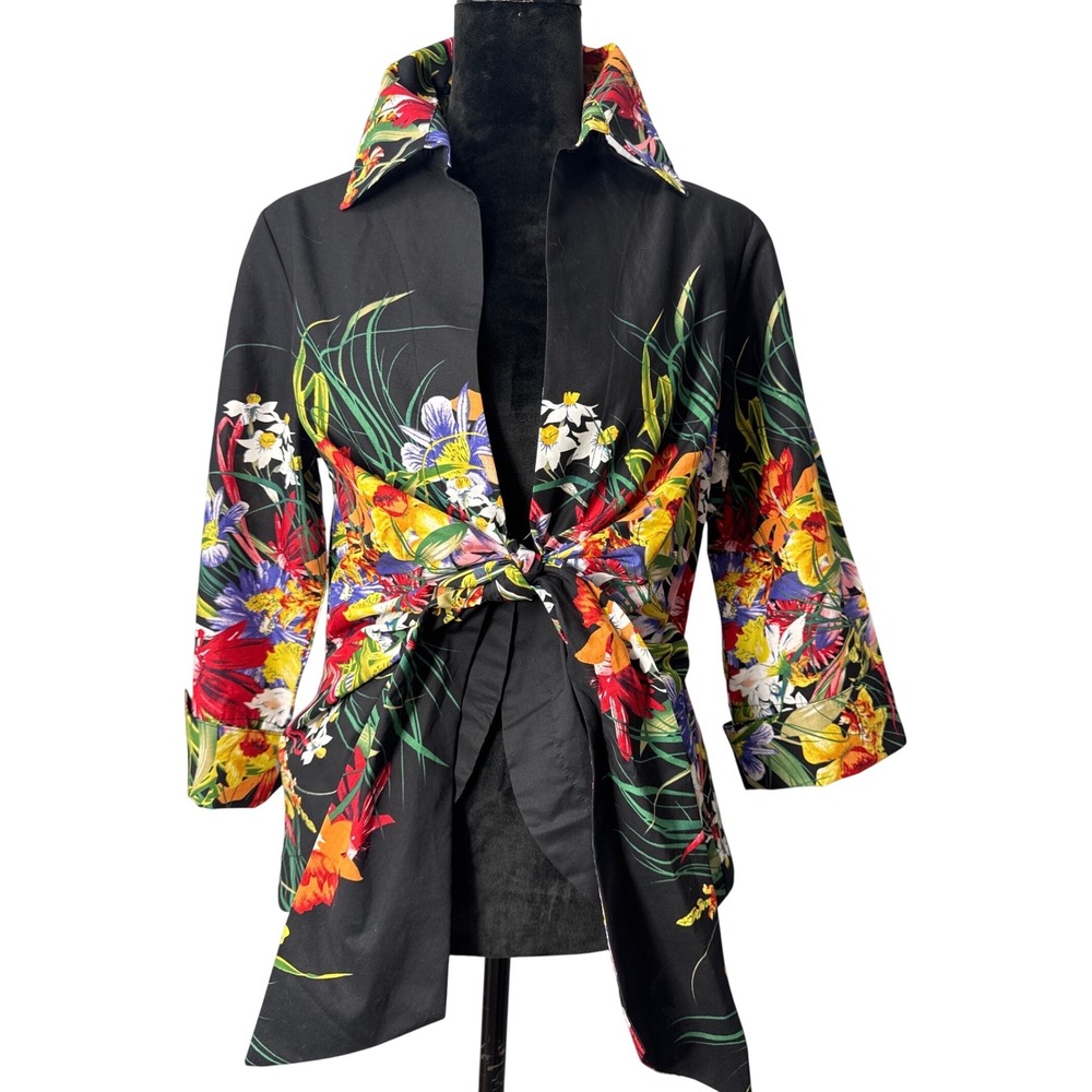 Mishca Blouse Womens M Black Tropical Floral Tie Front 3/4 Sleeve Cotton Top